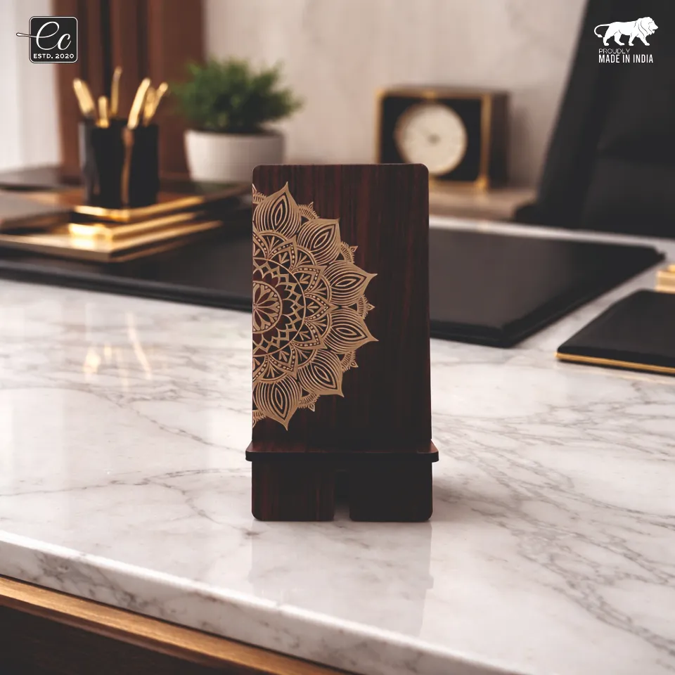 Premium MDF Wooden Mobile Stand with Half Mandala Design